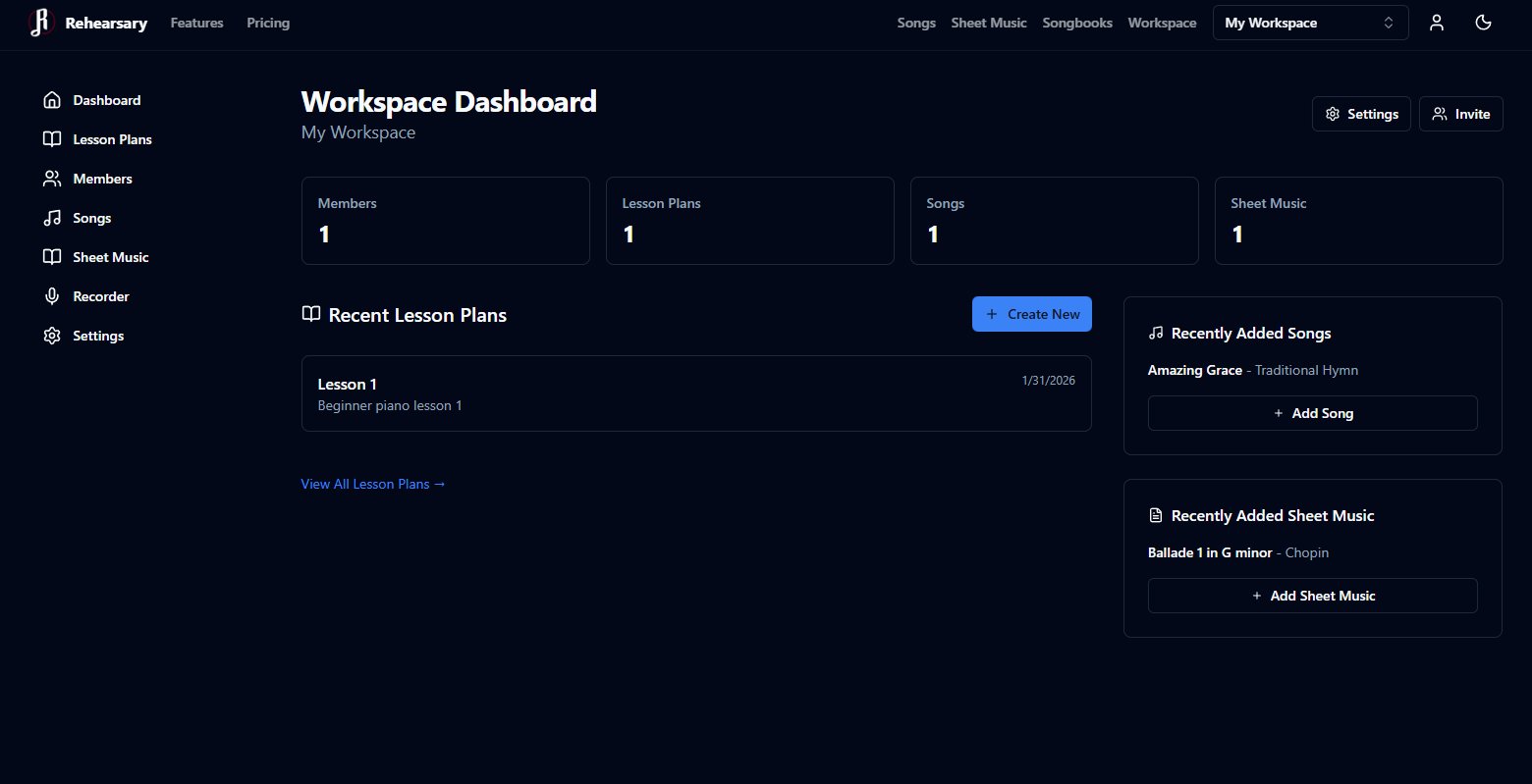 Rehearsary Workspace dashboard showing song library and management tools